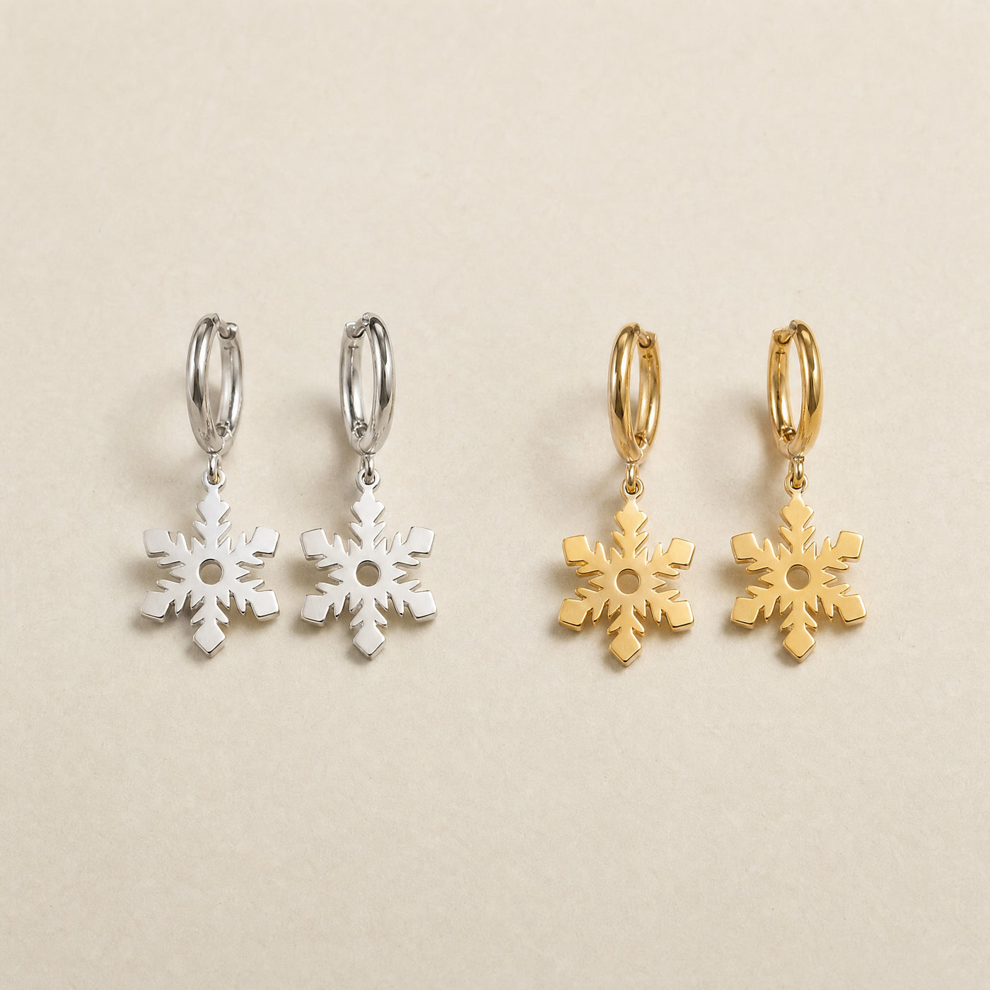 Gold Silver Snowflake Hoop Earrings – Dainty Stainless Steel Dangle Earrings, Gift for Her