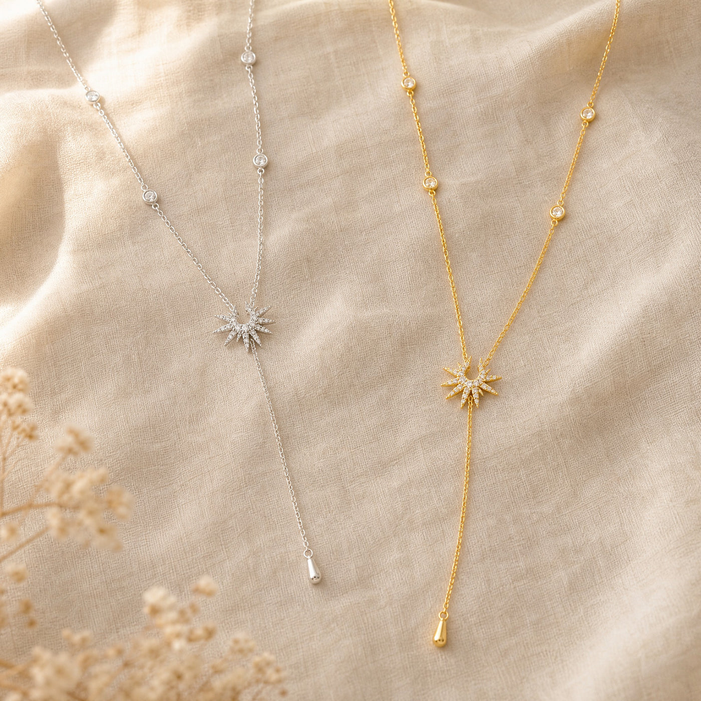Gold Pavé Starburst Lariat Necklace – CZ Y-Drop Chain, Dainty Layering Necklace Gift for Her