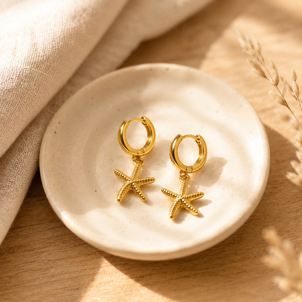 Gold Starfish Hoop Earrings – Dainty Dangle Gold Huggie Earrings, Beach Gift for Her