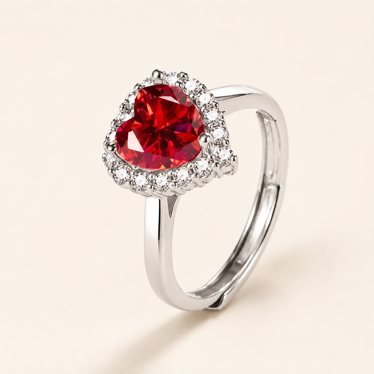 Silver Heart Zircon Ring – Adjustable Open Band, Pavé Halo CZ, Dainty Romantic Gift for Her