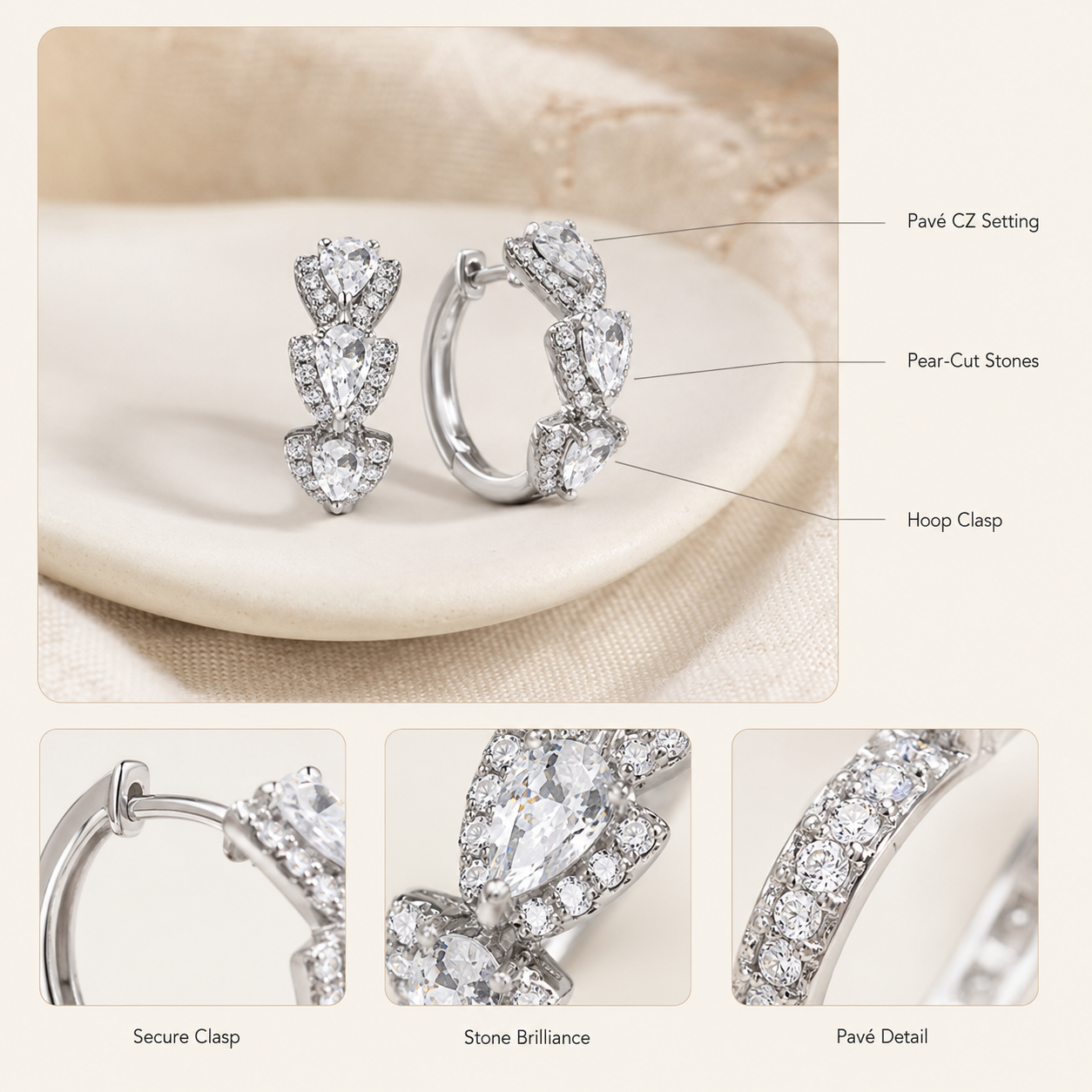 Silver Pavé Heart Hoop Earrings – CZ Crystal Huggie Hoops, Elegant Gift for Her
