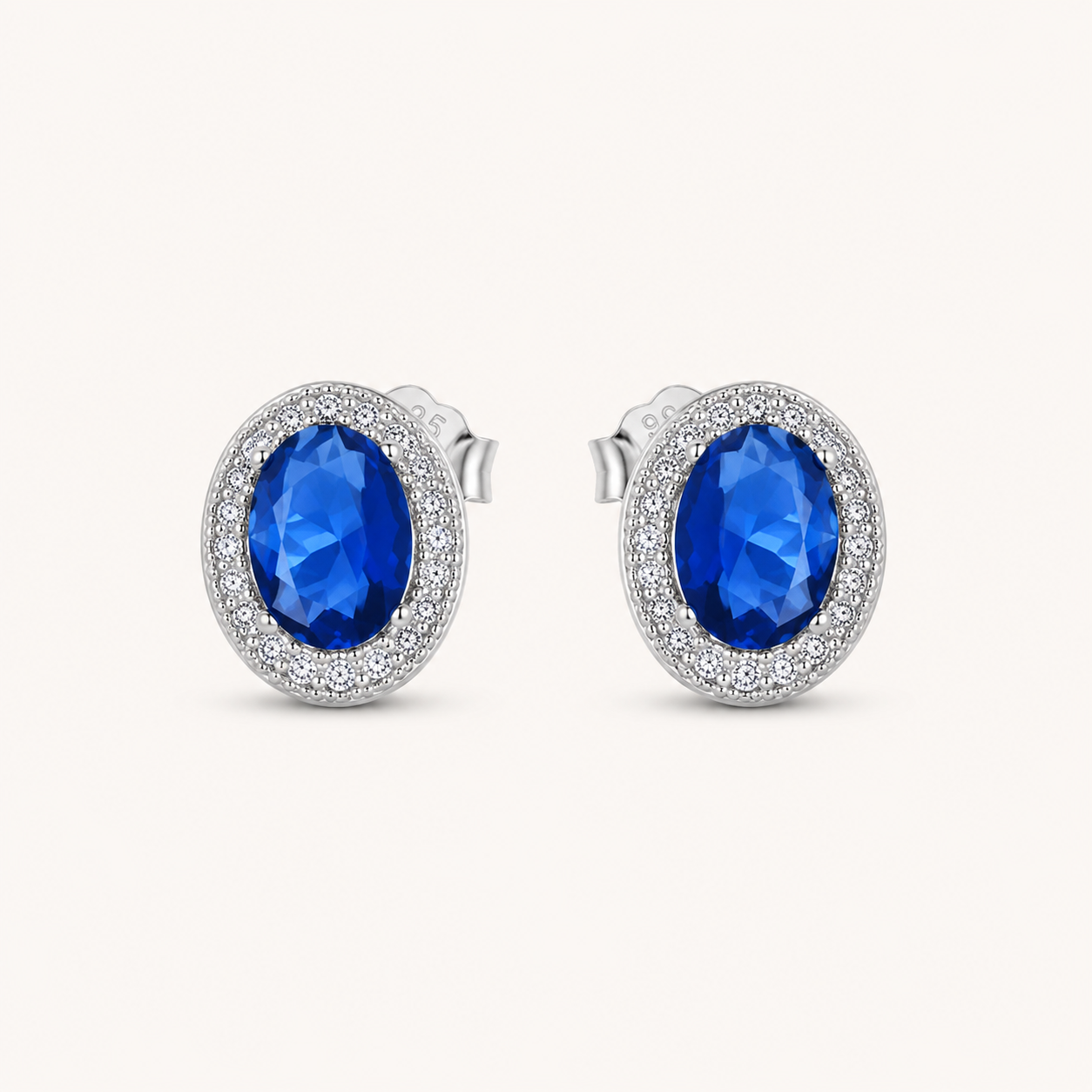 Silver Oval Crystal Halo Stud Earrings – Pavé CZ Gemstone Studs, Gift for Her