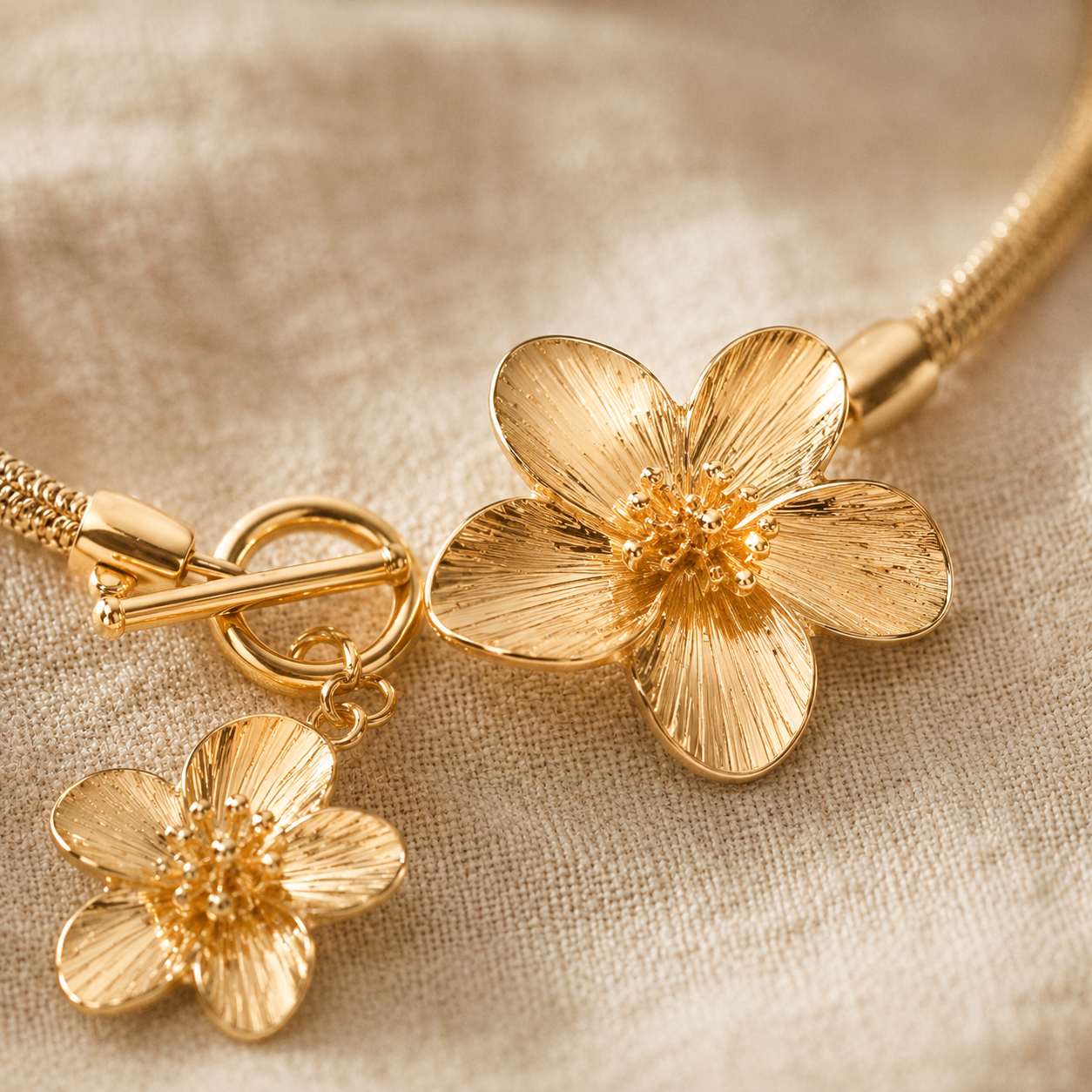 Gold Flower Snake Chain Choker – OT Toggle Floral Pendant Necklace, Gift for Her