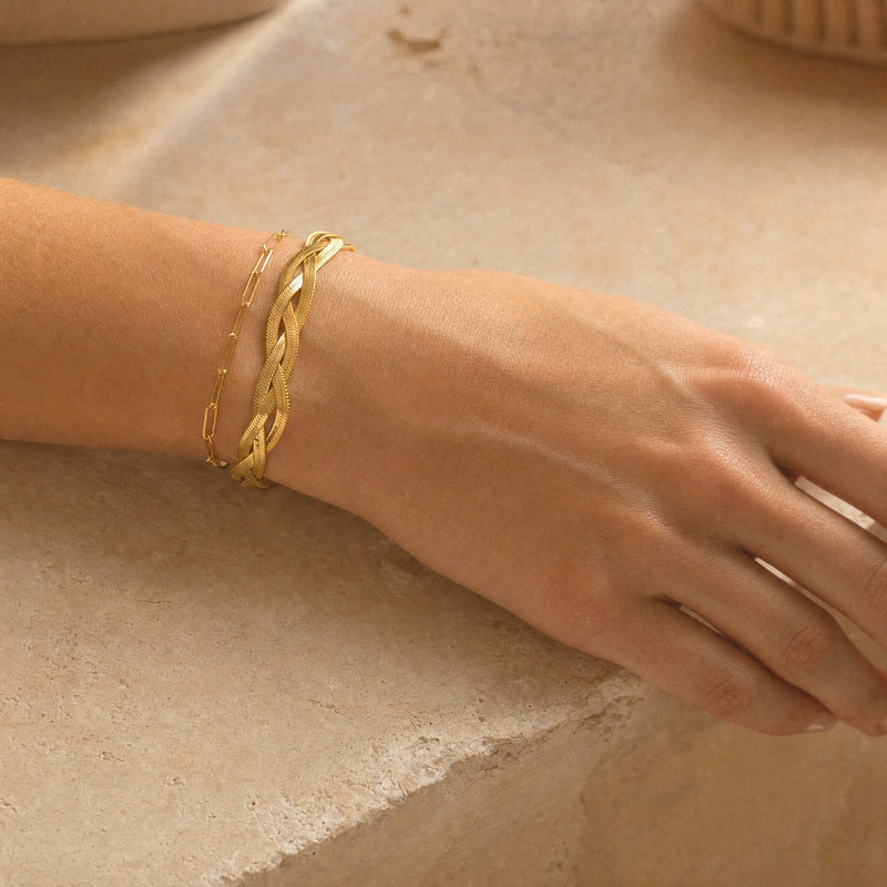 Braided Herringbone Bracelet – Gold Silver Woven Snake Chain Bracelet for Women