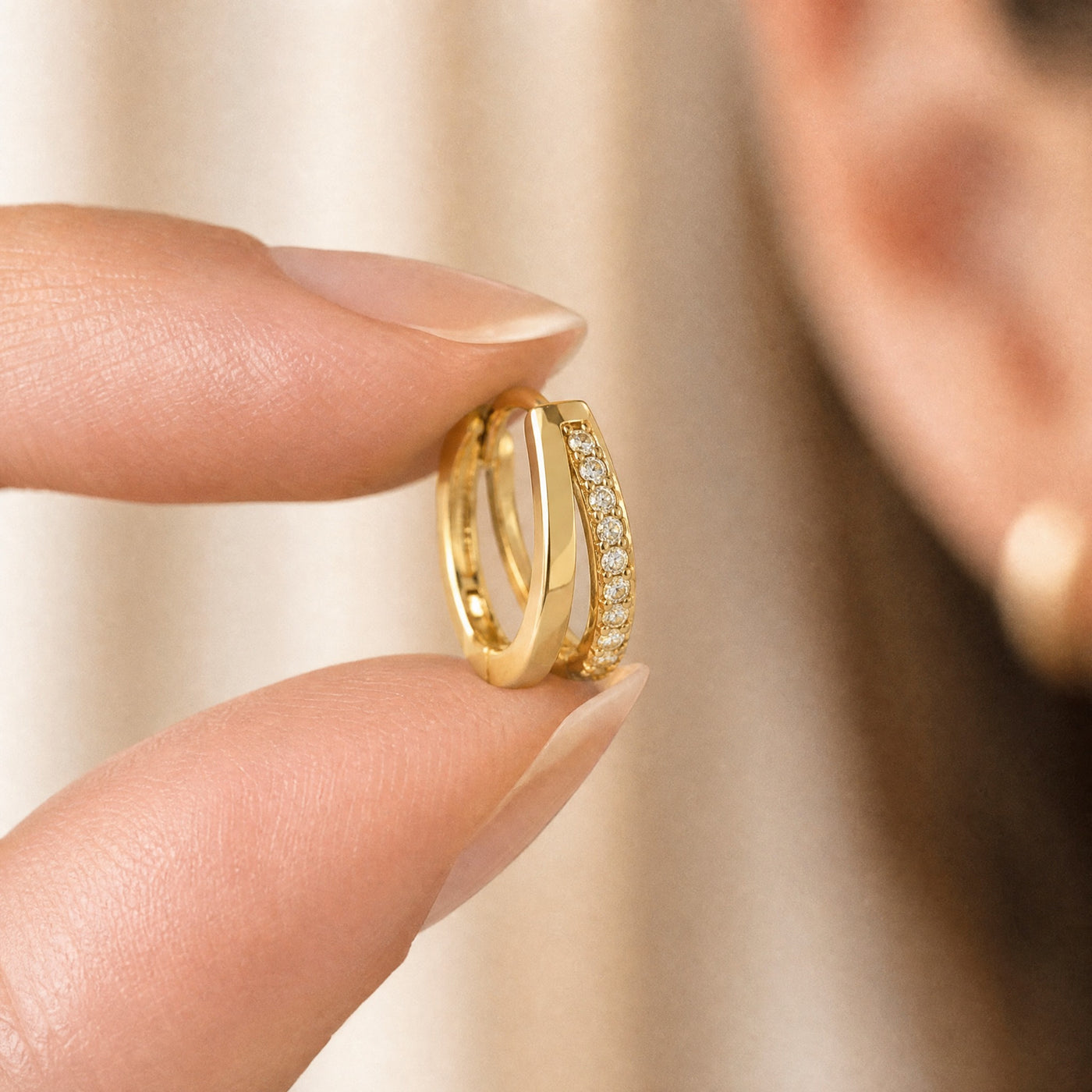 Double Hoop Pavé Earrings – Gold Silver CZ Huggie Cartilage Hoop Earrings for Women