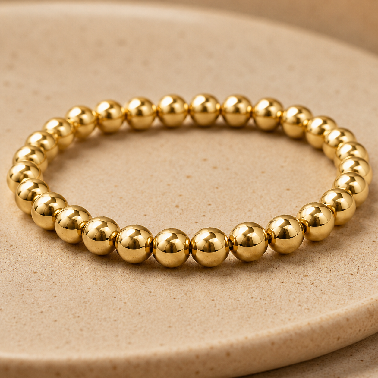 Gold Beaded Bracelet – 8mm Stainless Steel Stretch Bracelet, Stackable Minimalist Jewelry for Women