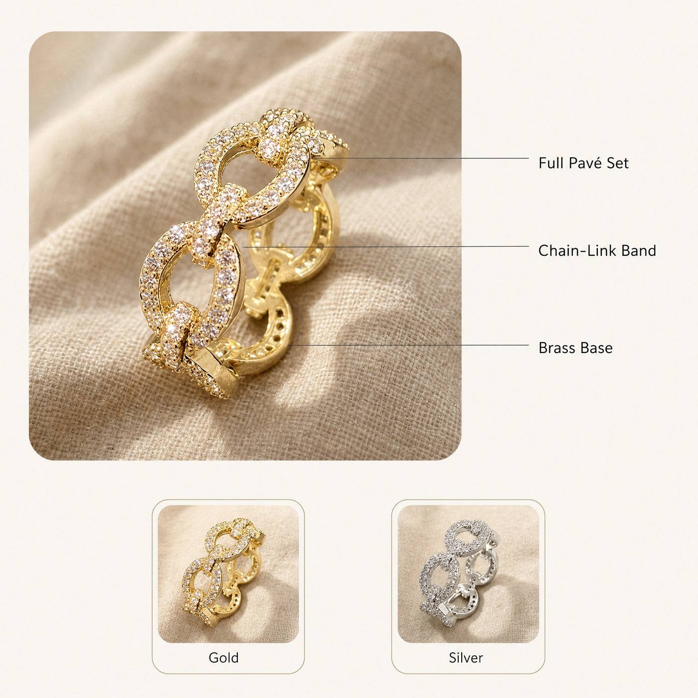Gold Pavé Chain-Link Ring – Dazzling CZ Statement Ring, Stackable Gift for Her
