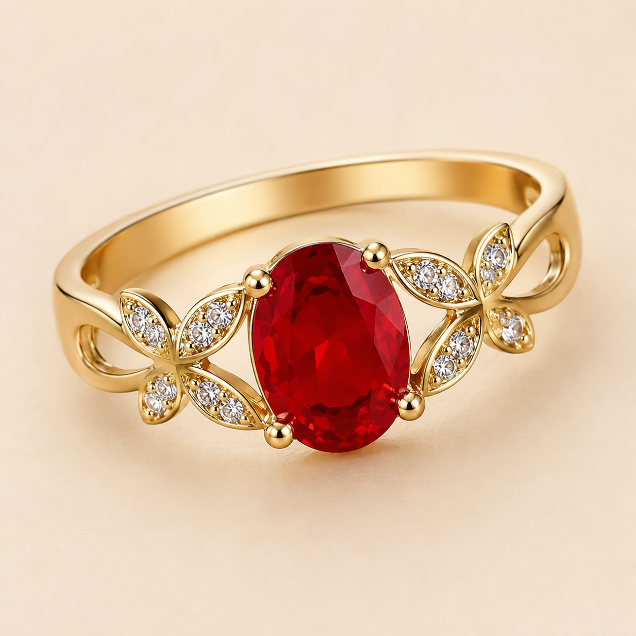 Gold Red Stone Butterfly Ring – Dainty CZ Pavé Statement Ring, Elegant Gift for Her