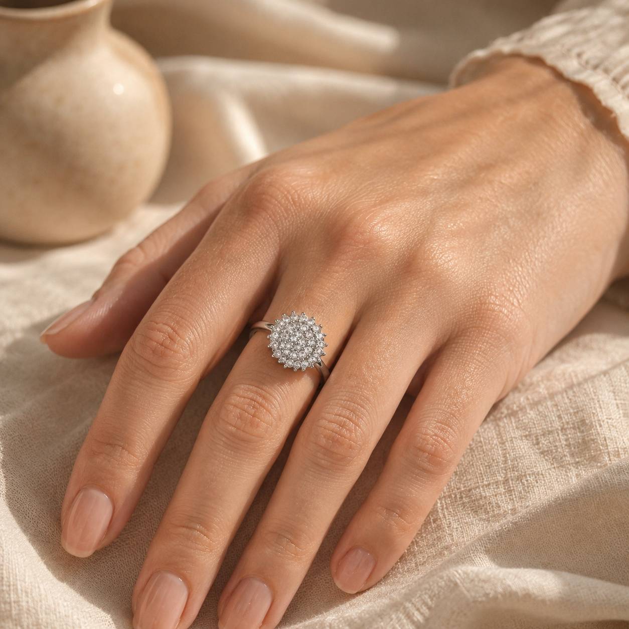 Silver Zircon Flower Ring – Pavé Cluster Statement Ring, Adjustable Band, Minimalist Jewelry Gift for Her