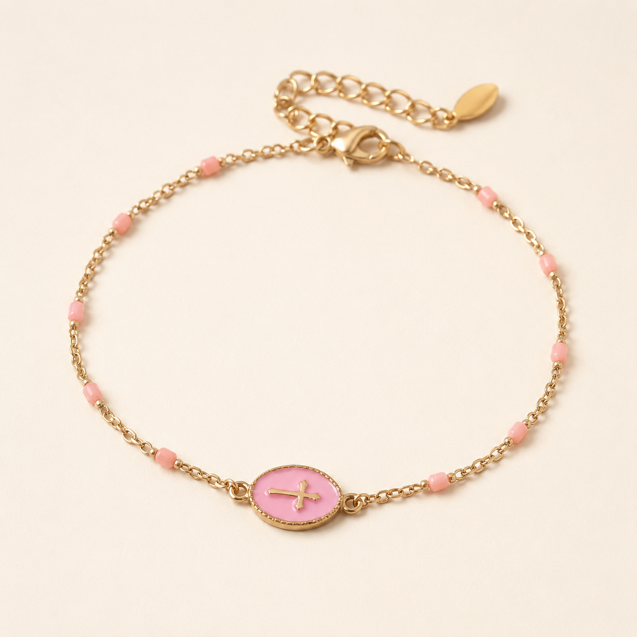 Gold Cross Charm Bracelet – Dainty Enamel Beaded Chain, Adjustable Faith Jewelry for Women
