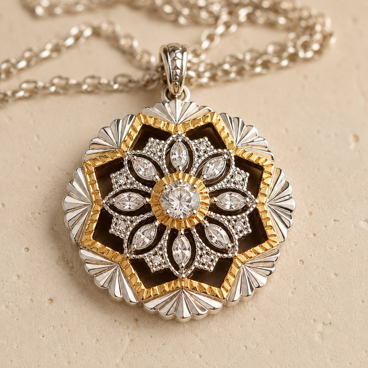 Two-Tone Floral Mandala Pendant Necklace – Dainty Gold Silver CZ Flower Necklace for Women