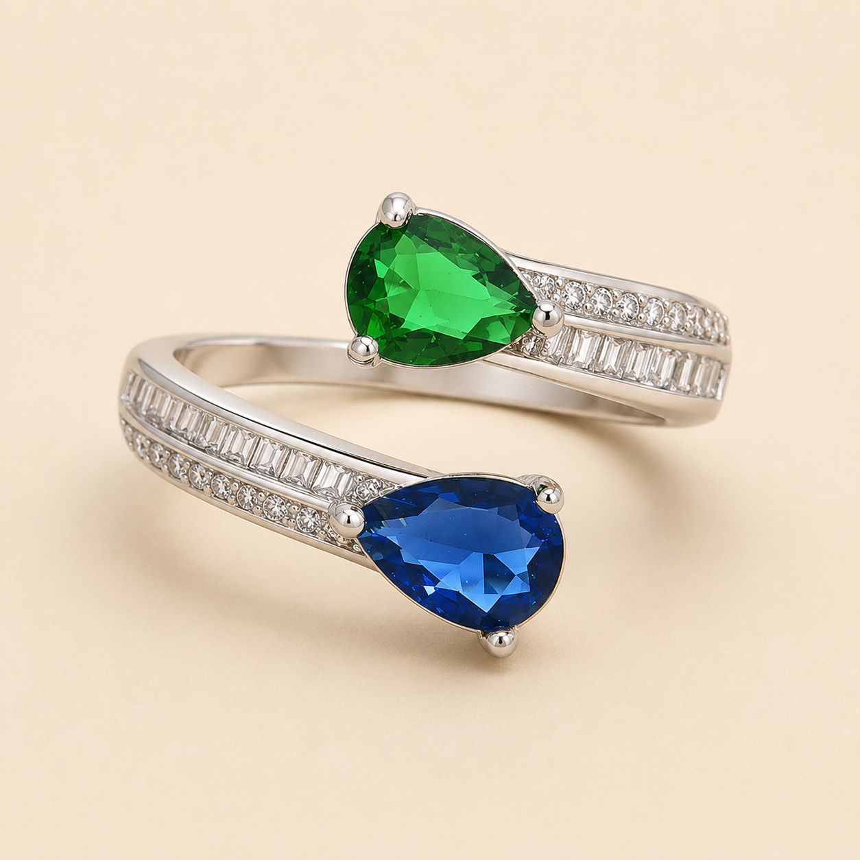 Blue Green Dual Teardrop CZ Ring – Silver Open Bypass Pear Stone Ring for Women