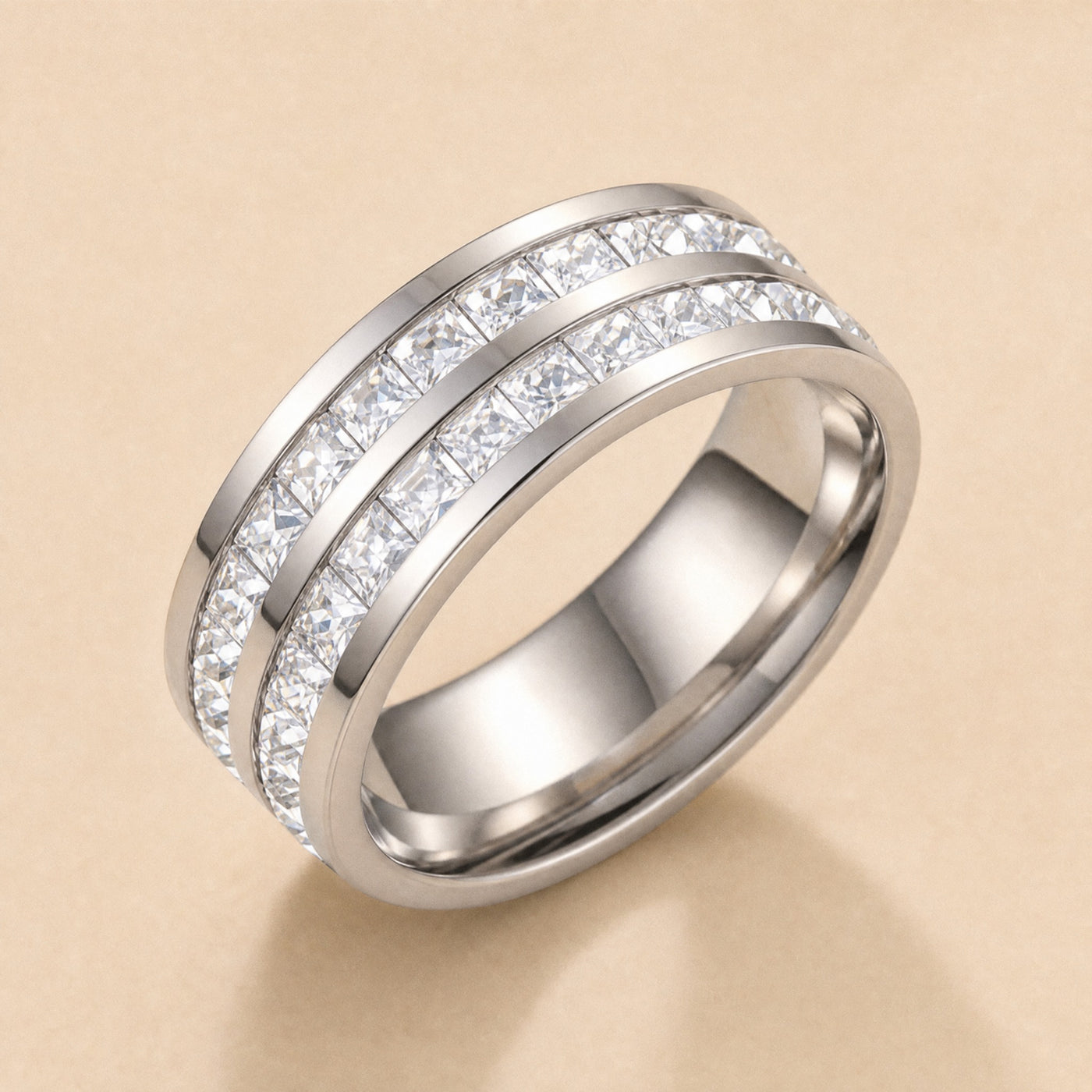 Double Row CZ Band Ring – Square Zircon Pavé Stainless Steel Wedding Ring for Women