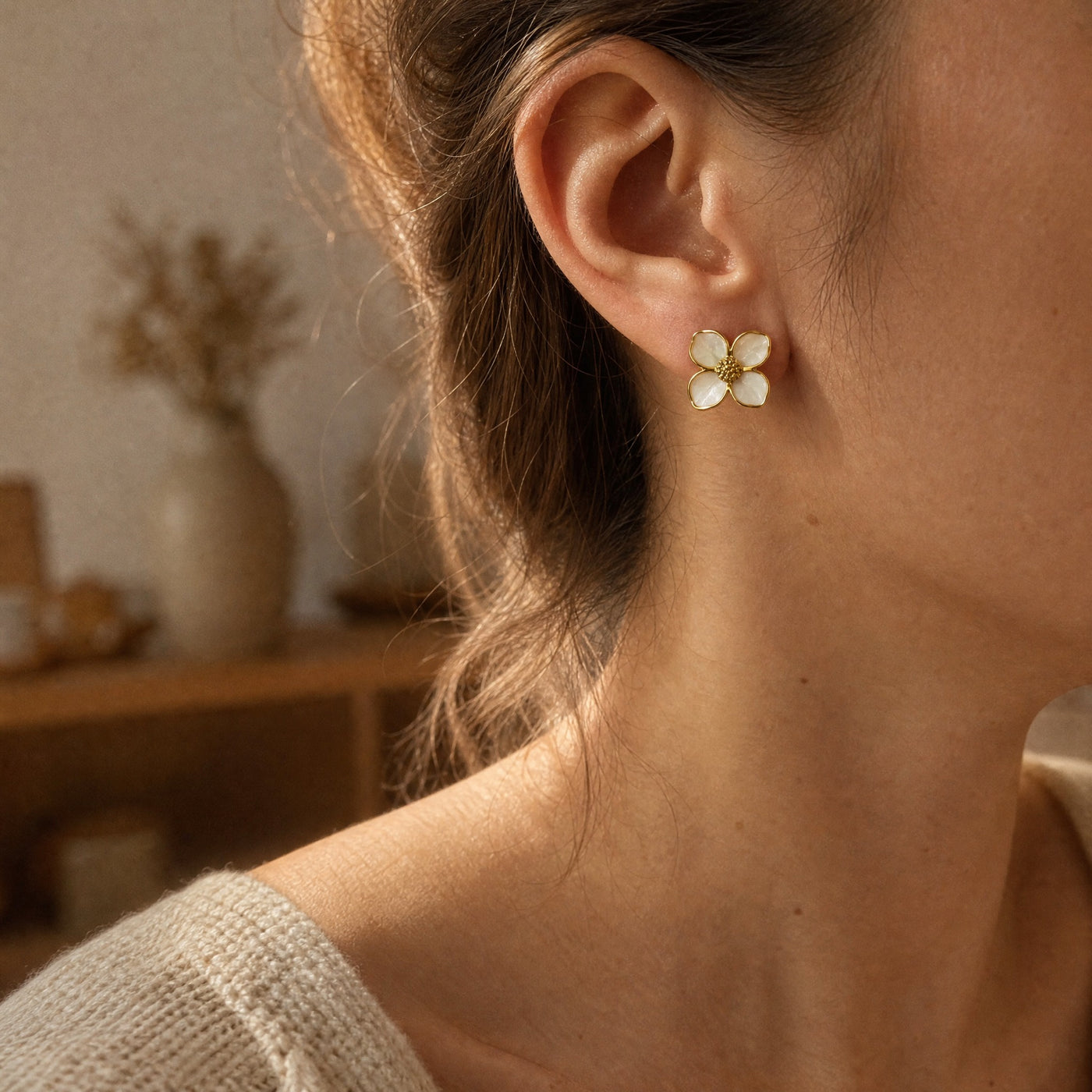 Gold Enamel Flower Stud Earrings – Dainty Floral Gold-Tone Studs, Gift for Her