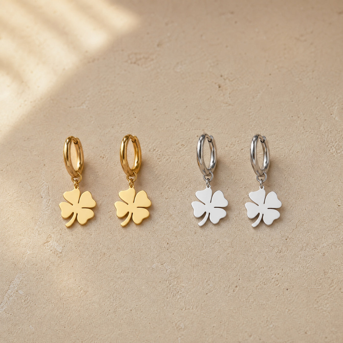 Four Leaf Clover Hoop Drop Earrings – Dainty Lucky Charm Earrings, Gold Silver Gift for Her