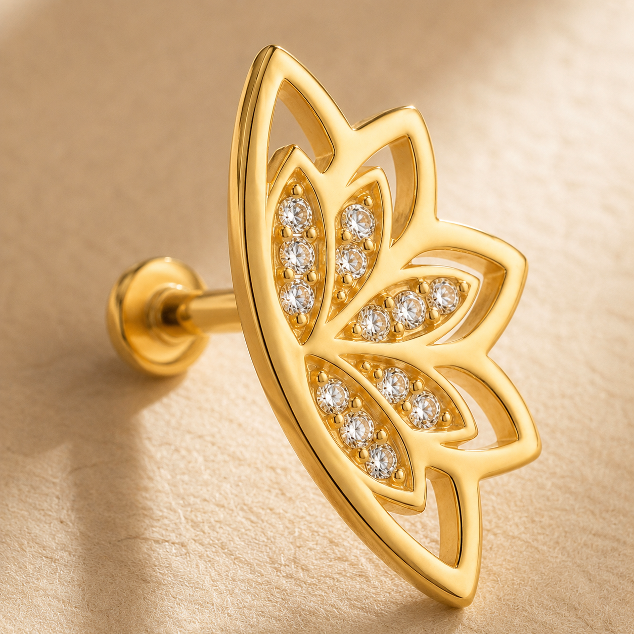 Gold Pavé Lotus Flat Back Earring – 925 Silver CZ Helix Cartilage Stud, Gift for Her