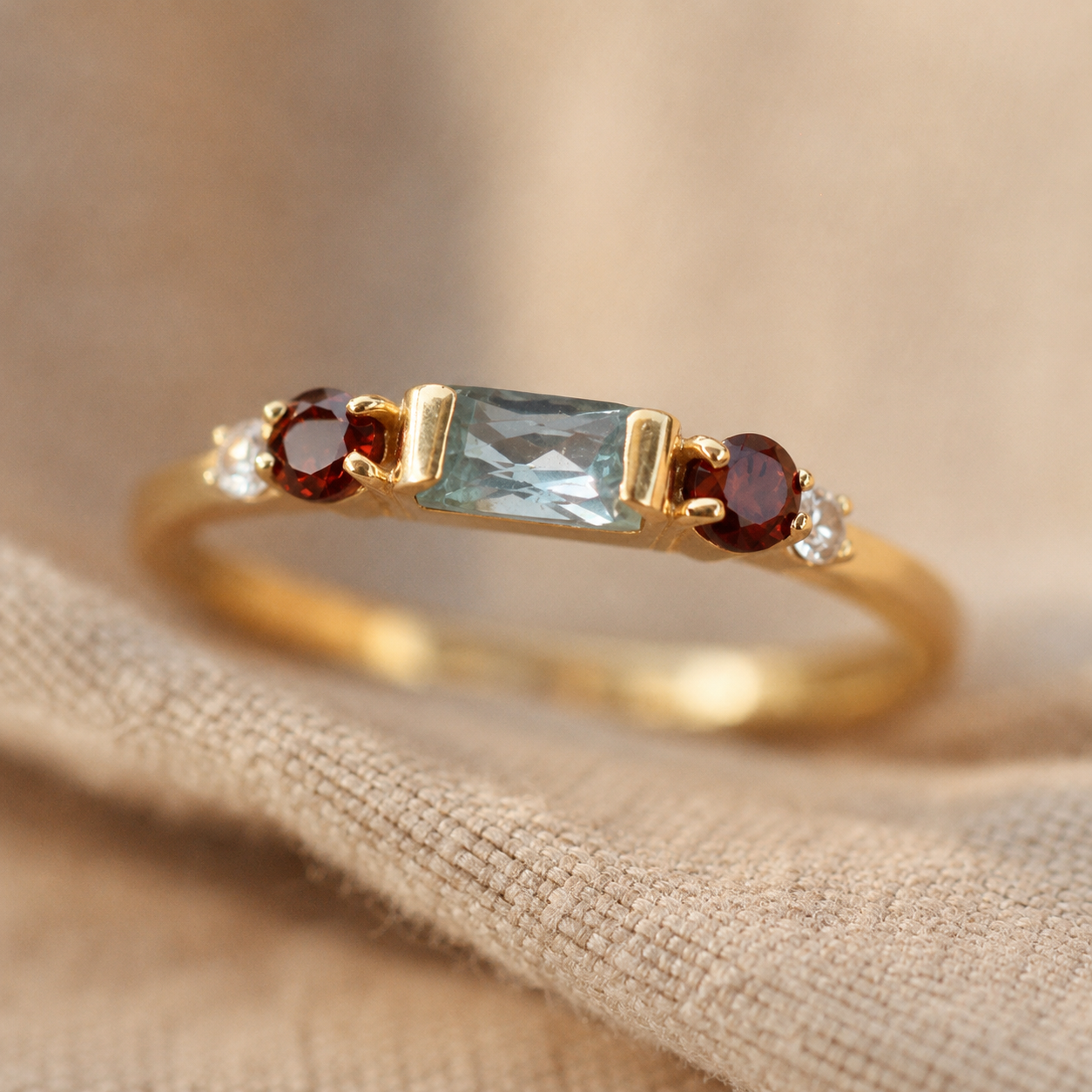 Gold Baguette & Garnet CZ Ring – Dainty Multi-Stone Stacking Ring, Gift for Her