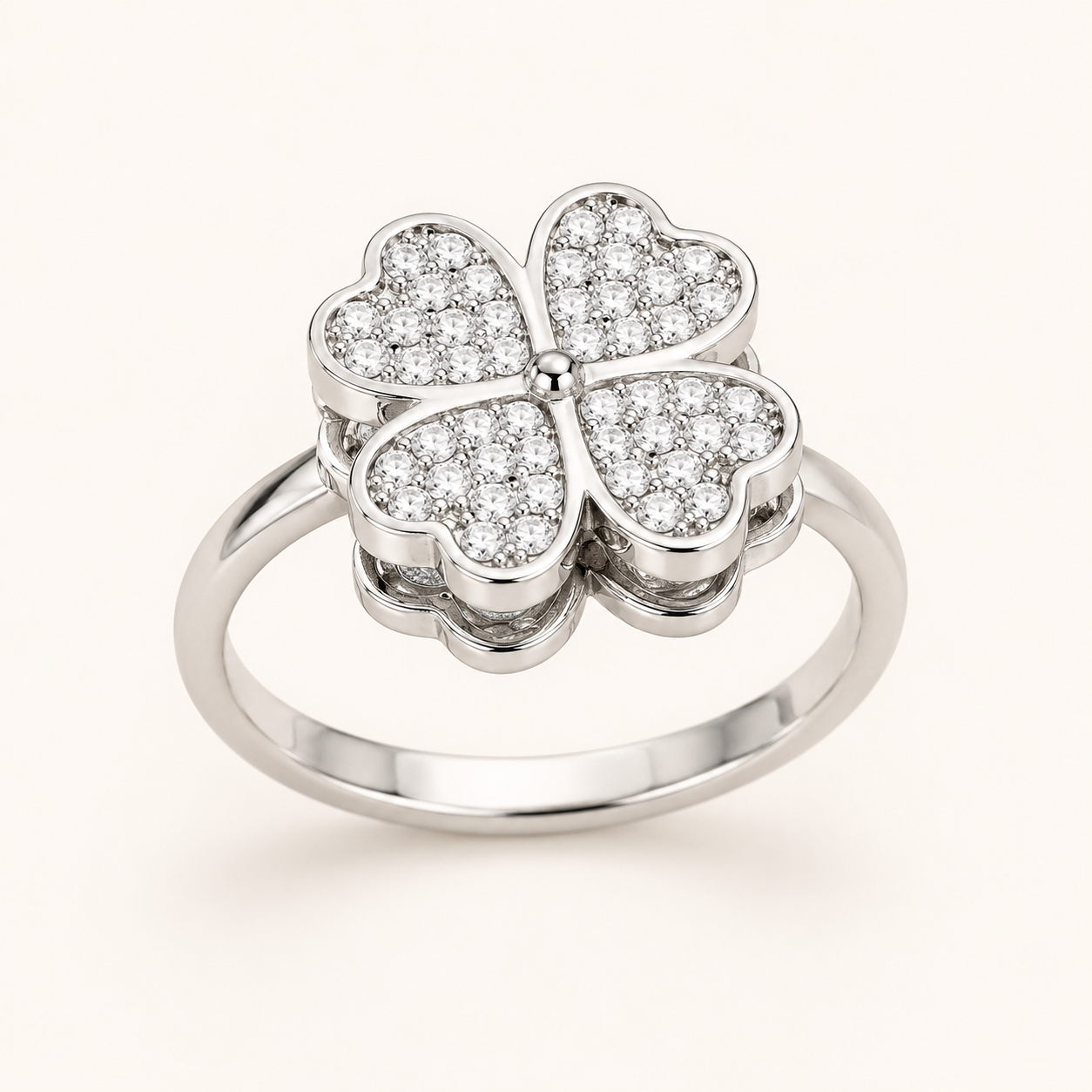 Pavé Clover Spinner Ring – Fidget Anxiety Ring Gold Silver CZ, Lucky Gift for Her