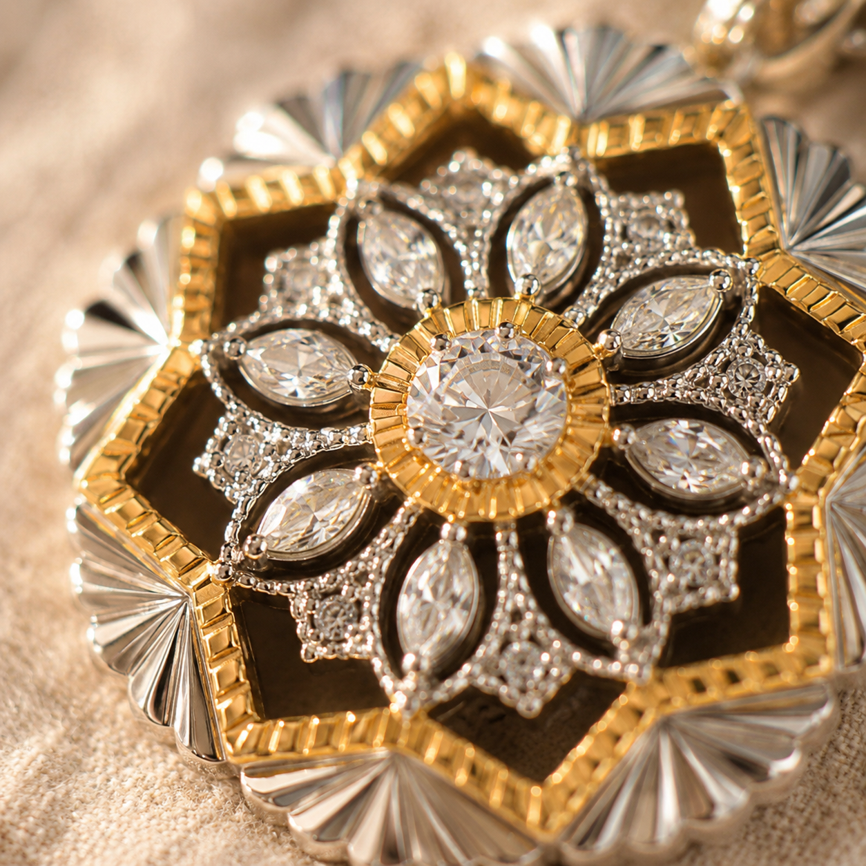 Two-Tone Floral Mandala Pendant Necklace – Dainty Gold Silver CZ Flower Necklace for Women