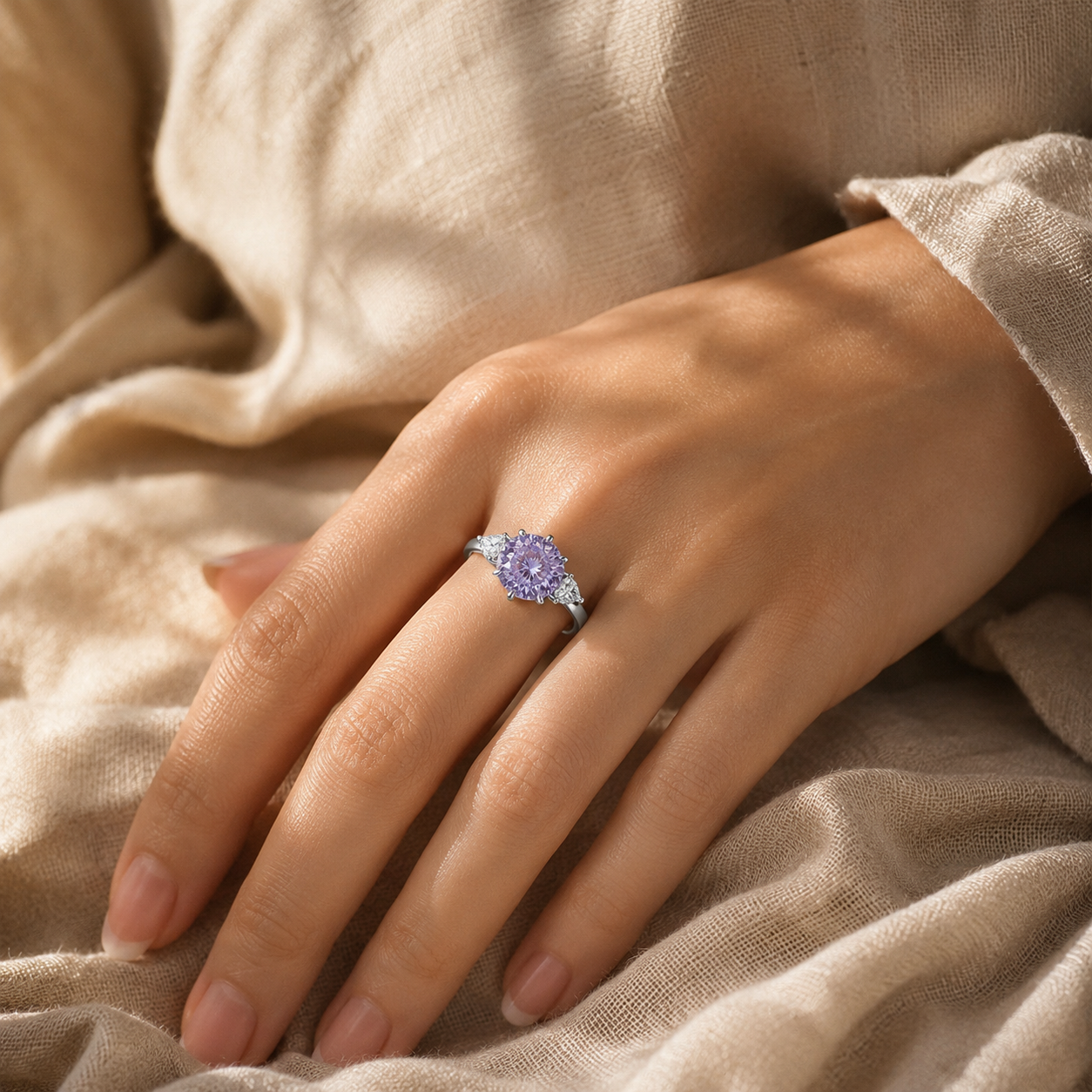 Silver Purple CZ Three Stone Ring – Adjustable Oval Ice Flower Cut Sterling Look Promise Ring