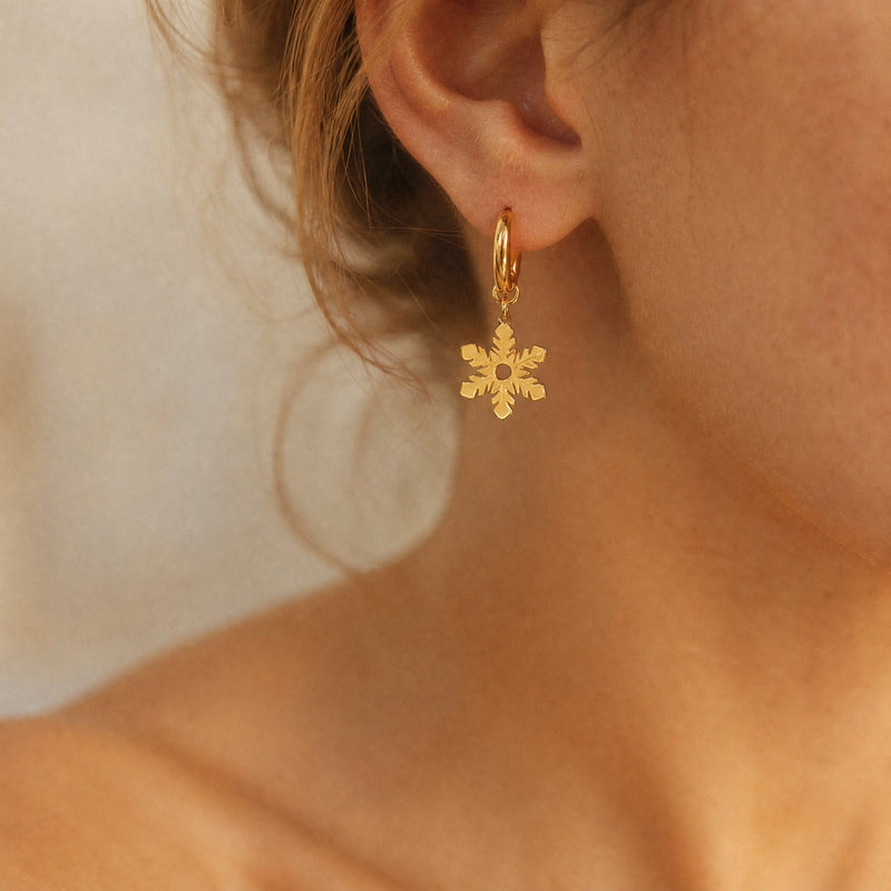 Gold Silver Snowflake Hoop Earrings – Dainty Stainless Steel Dangle Earrings, Gift for Her