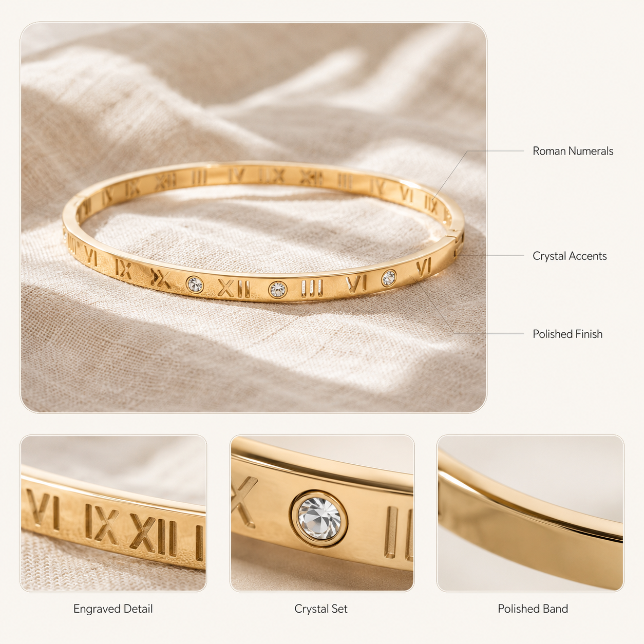 Roman Numeral Bangle Bracelet – CZ Stone Slim Cuff, Dainty Stacking Bracelet Gift for Her