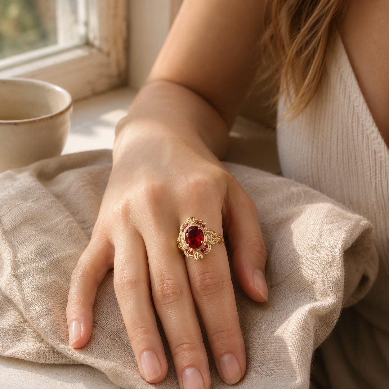 Gold Vintage Floral Ruby Red CZ Ring – Elegant Statement Cocktail Ring, Gift for Her