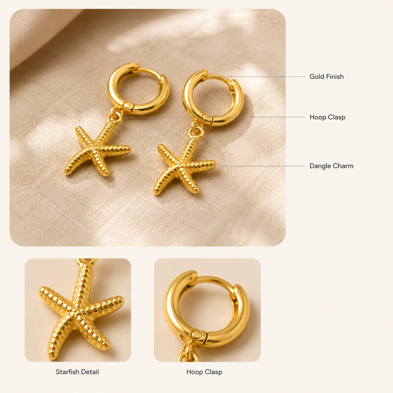 Gold Starfish Hoop Earrings – Dainty Dangle Gold Huggie Earrings, Beach Gift for Her