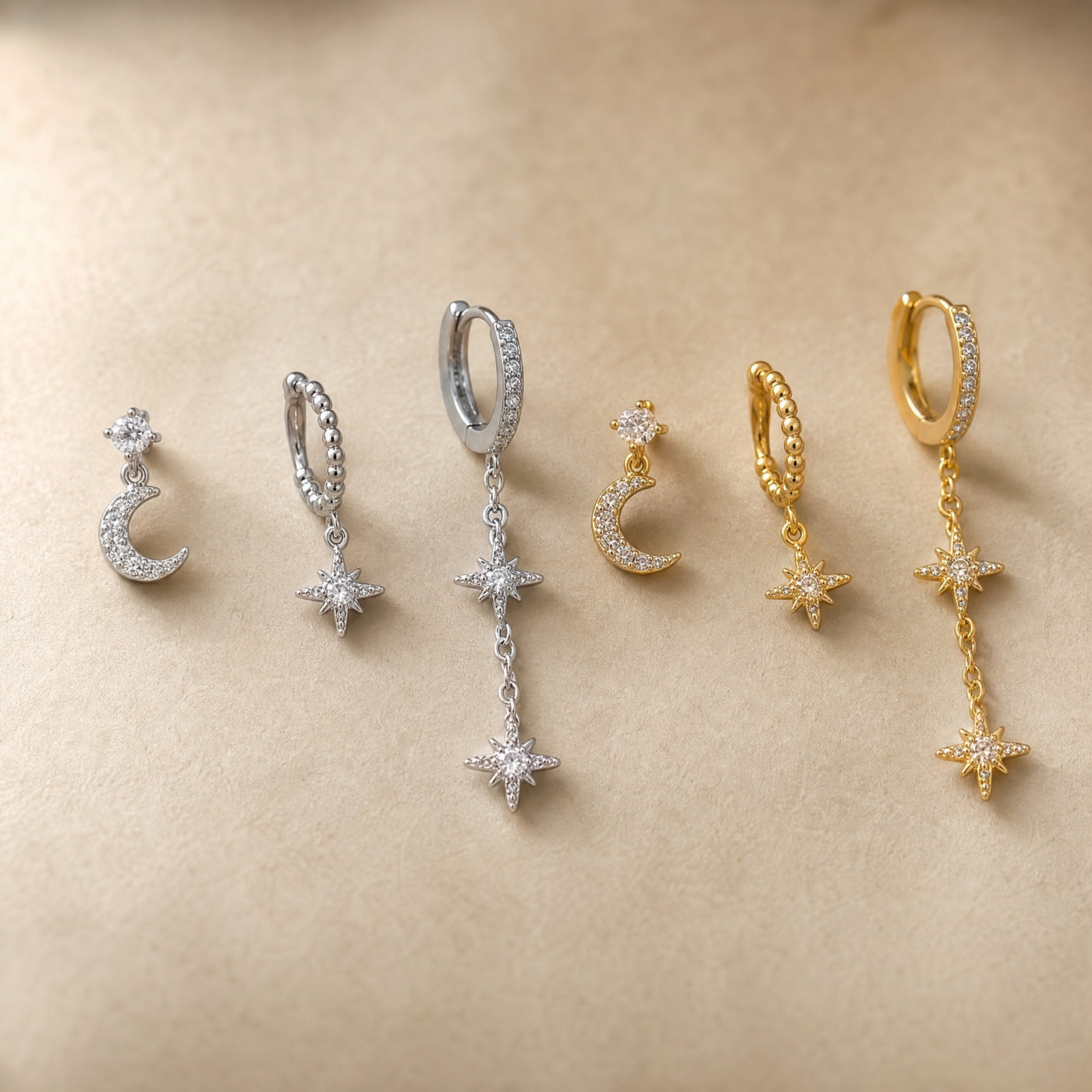 Pavé Moon Star Earring Set – CZ Hoop Stud Drop Earrings for Multiple Piercings, Gift for Her