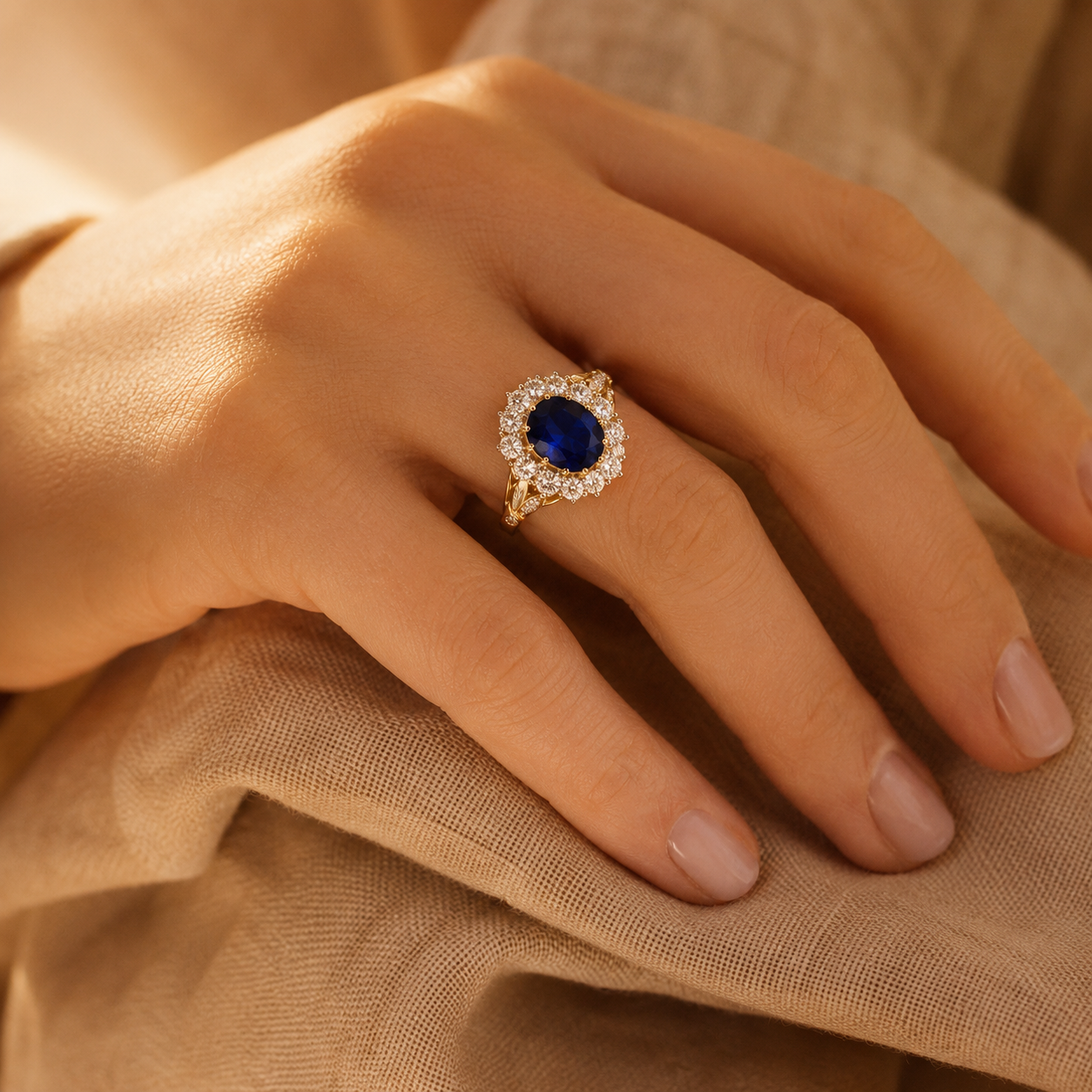 Blue Oval CZ Halo Ring – Gold Sapphire-Look Statement Ring for Women