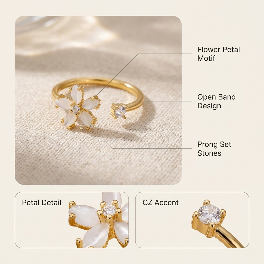 Gold Flower Open Ring – White Opal Petal CZ Adjustable Stainless Steel Ring, Gift for Her