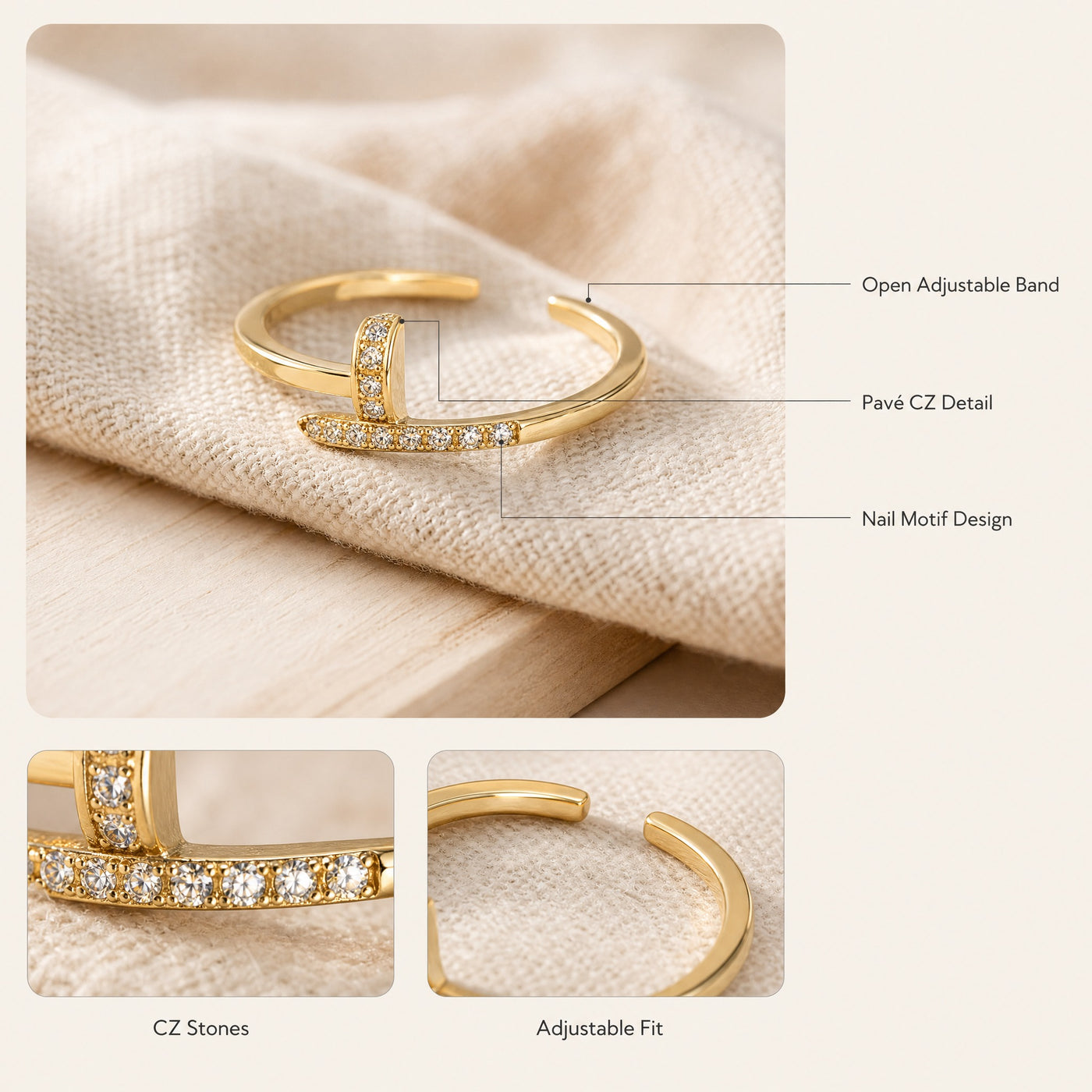 Gold Pavé Nail Ring – Dainty Open Band CZ Plated Ring for Women