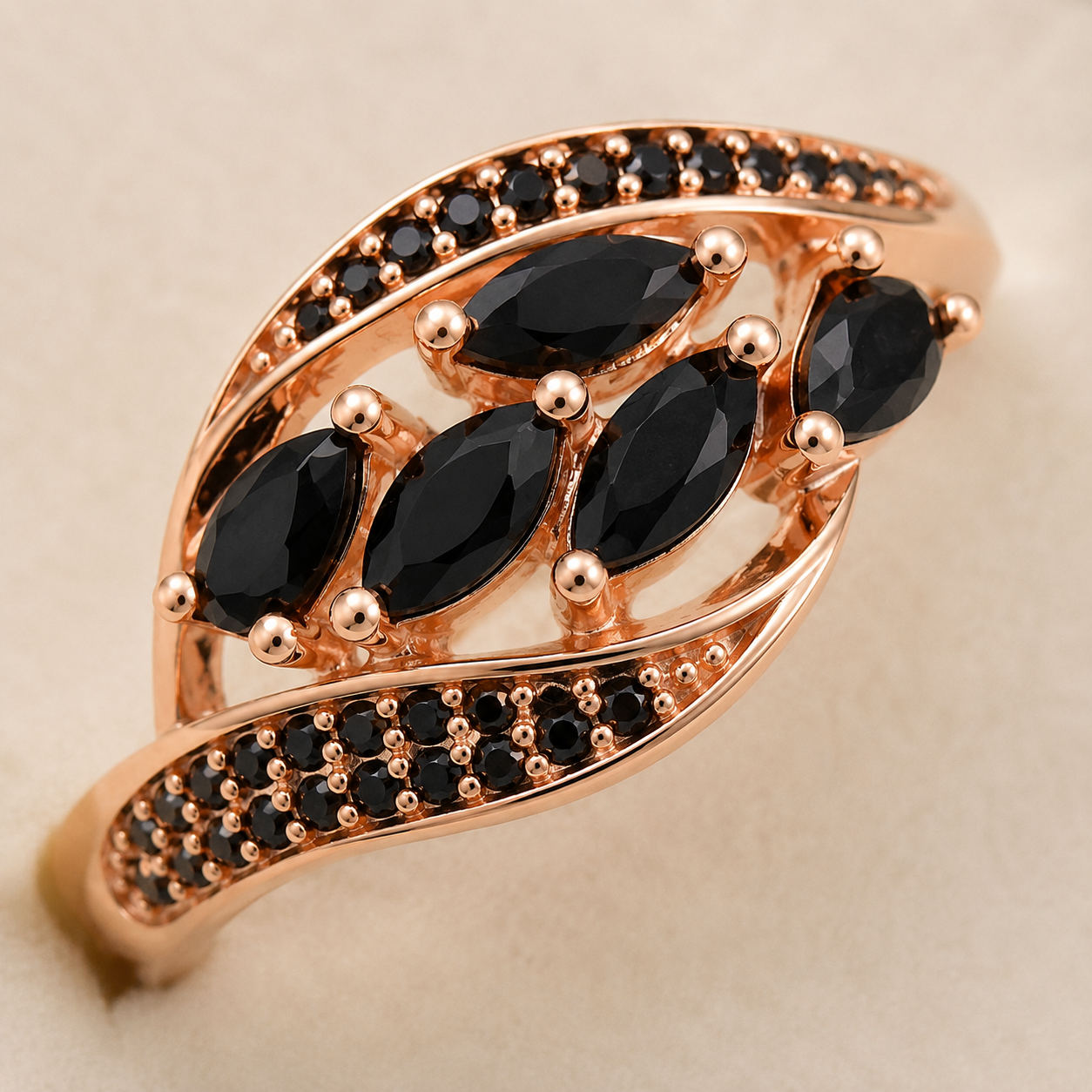 Rose Gold Black Zircon Cluster Ring – Marquise Stone Pavé Statement Ring for Women