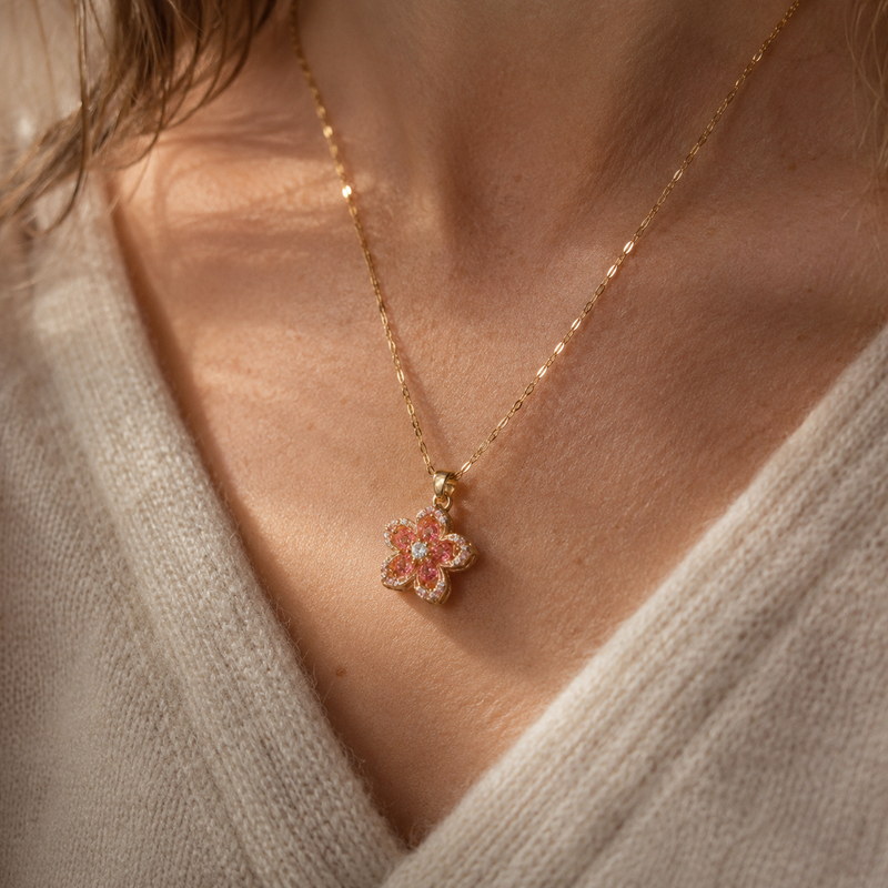 Gold Flower Pendant Necklace – Spinning CZ Floral Charm, Dainty Gift for Her
