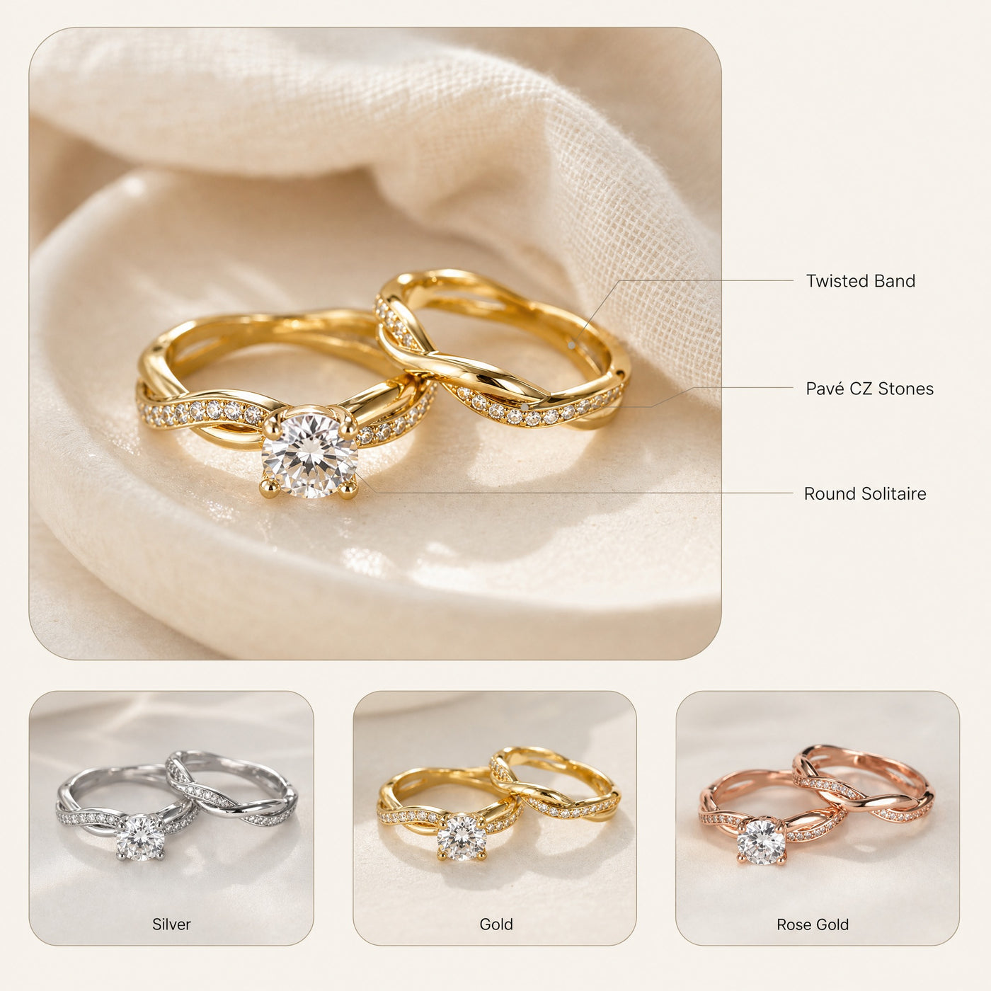 CZ Bridal Ring Set – Twisted Band Engagement Rings in Silver Gold Rose Gold for Women