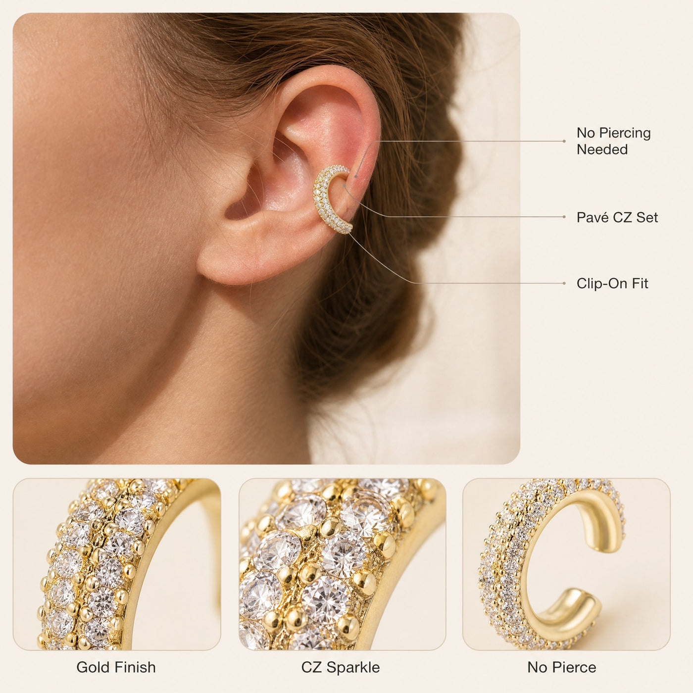 CZ Pavé Cartilage Ear Cuff – No Piercing Clip Earring Gold Silver Zirconia Gift