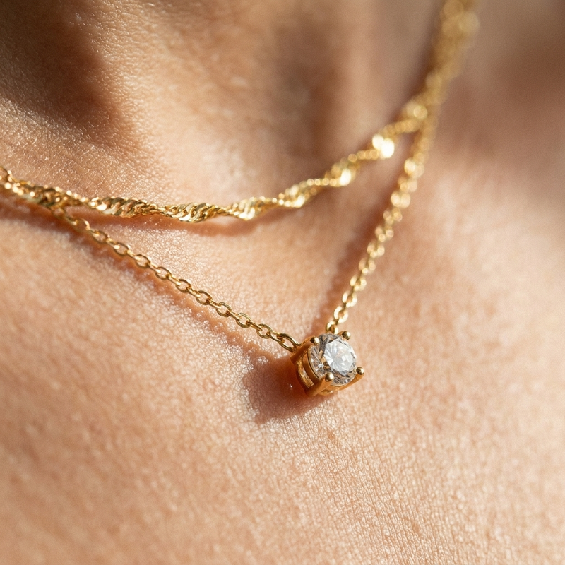 Gold CZ Solitaire Layered Necklace Set – Dainty - Plated Choker, Gift for Her