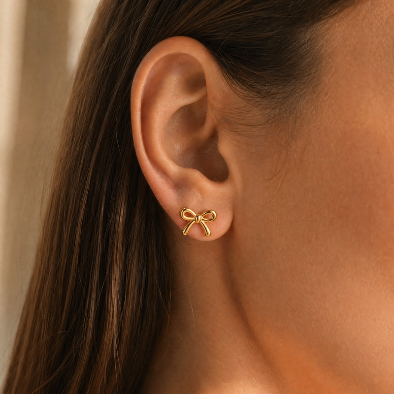 Gold Bow Stud Earrings – Dainty Gold Minimalist Ribbon Earrings, Gift for Her