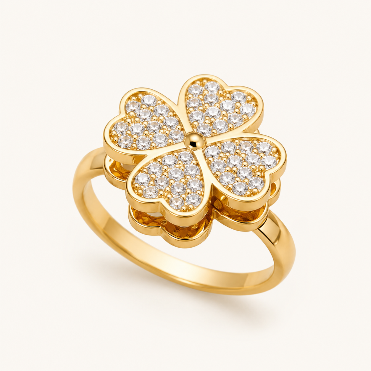 Pavé Clover Spinner Ring – Fidget Anxiety Ring Gold Silver CZ, Lucky Gift for Her