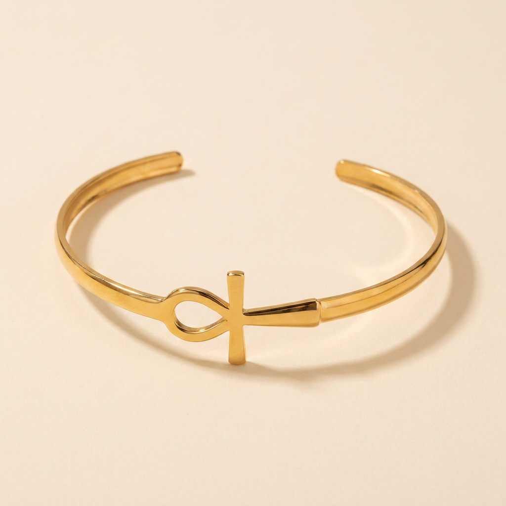 Ankh Cross Cuff Bracelet – Plated Stainless Steel Open Bangle for Women