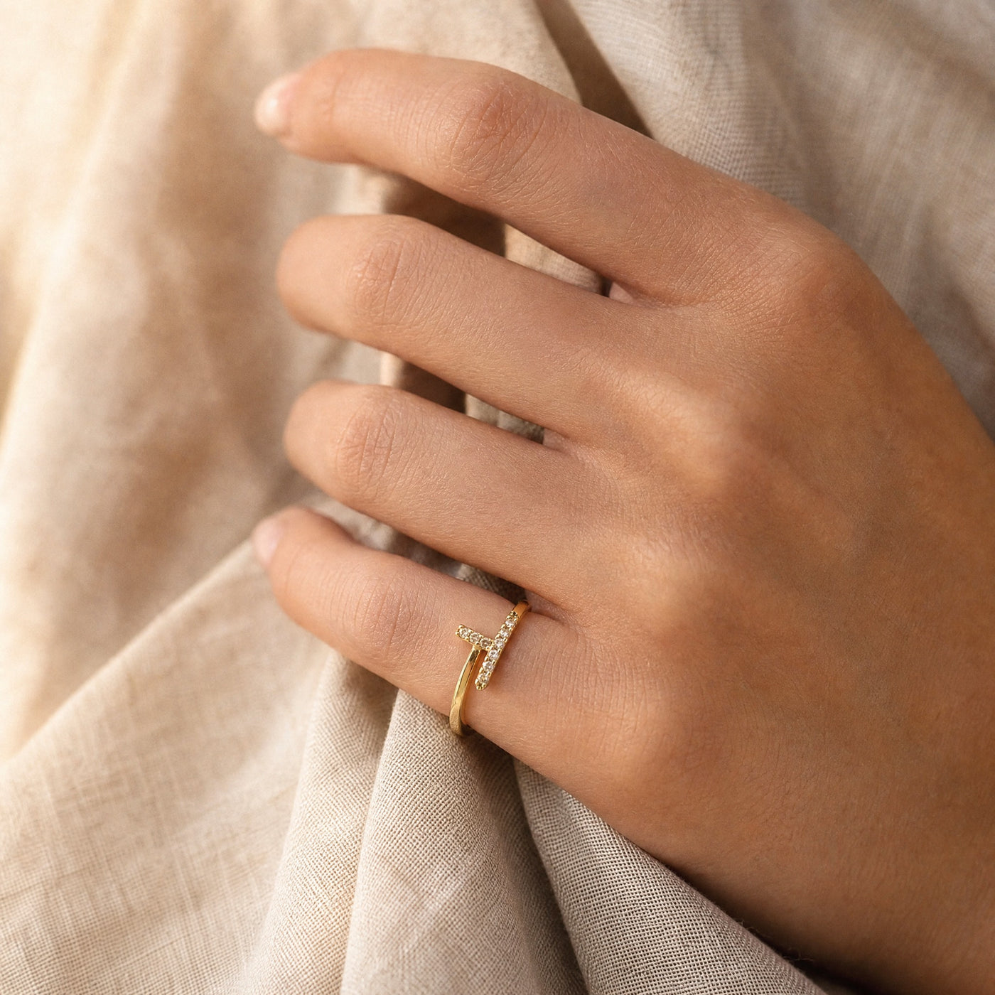 Gold Pavé Nail Ring – Dainty Open Band CZ Plated Ring for Women