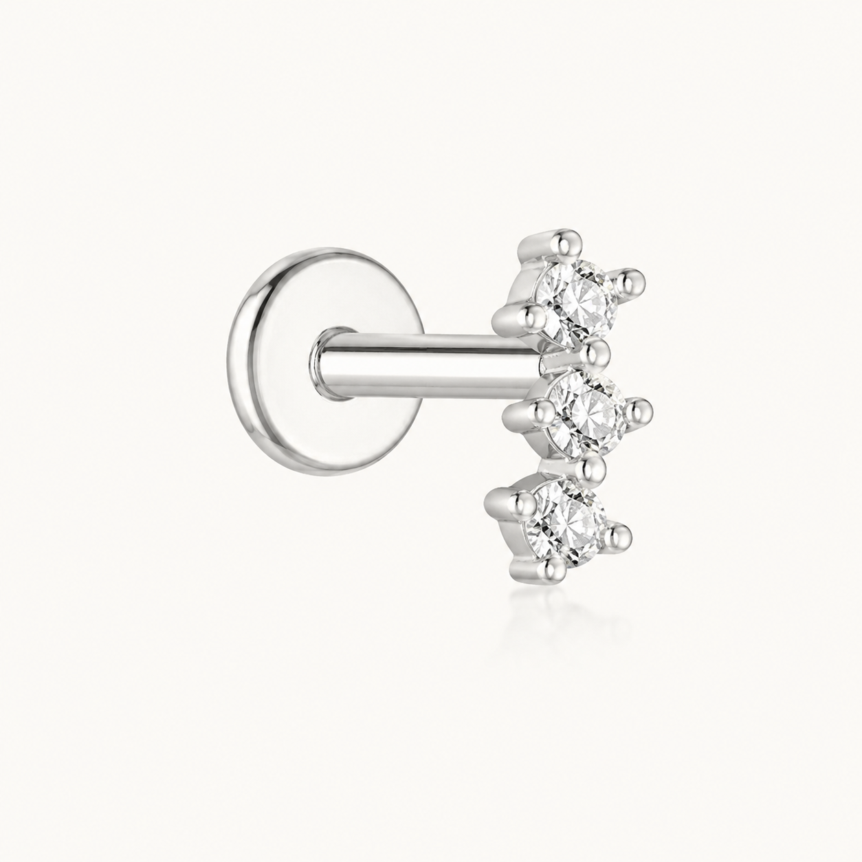 Triple CZ Flat Back Labret Earring – Dainty Gold Silver Cartilage Stud, Gift for Her