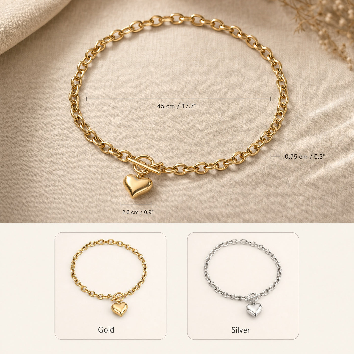 Puffy Heart Toggle Necklace – Gold Silver Chain Choker, Heart Charm Necklace Gift for Her