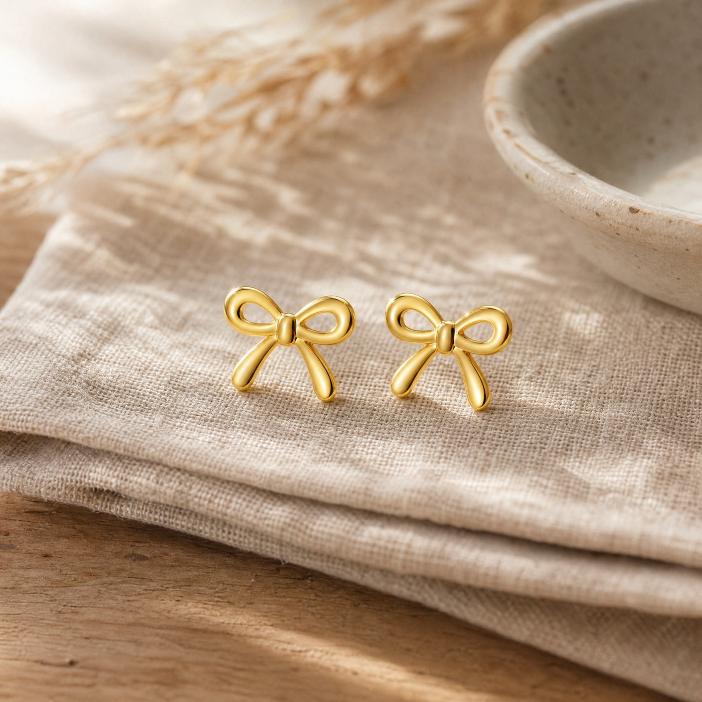 Gold Bow Stud Earrings – Dainty Gold Minimalist Ribbon Earrings, Gift for Her