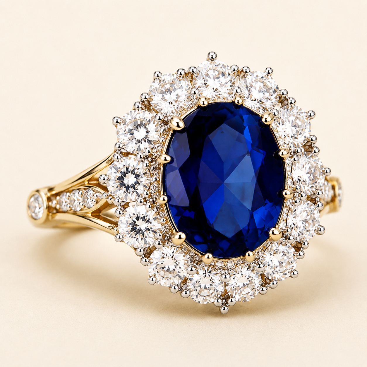 Blue Oval CZ Halo Ring – Gold Sapphire-Look Statement Ring for Women