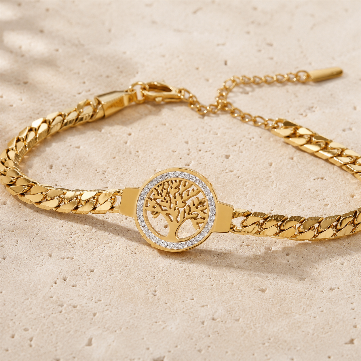 Gold Tree of Life Bracelet – Pavé CZ Curb Chain Charm Bracelet, Gift for Her