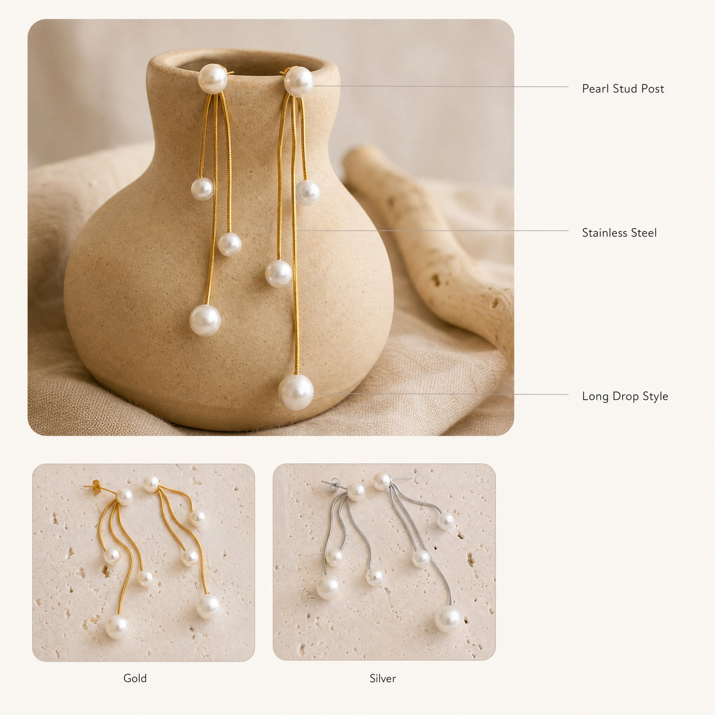 Pearl Multi-Chain Drop Earrings – Dainty Tassel Dangle, Gold Silver, Gift for Her