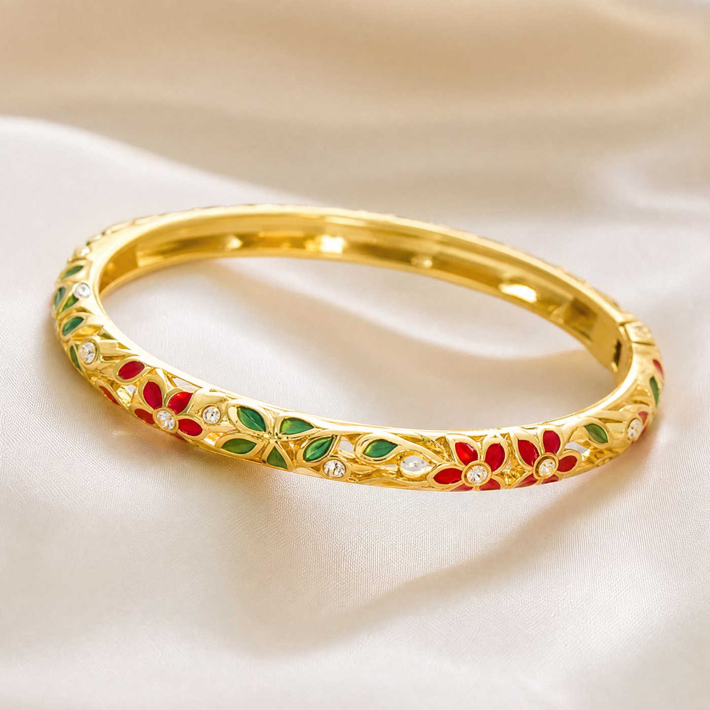 Gold Enamel Flower Bangle – Vintage Floral Copper Bracelet, Dainty Gift for Her