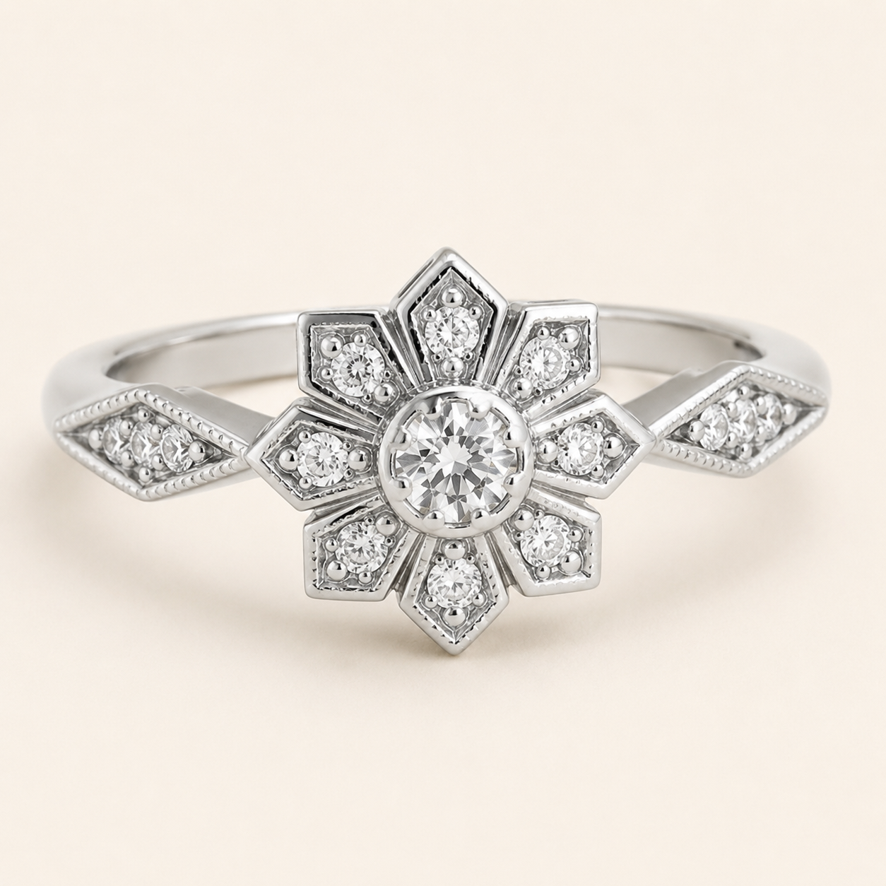 Gold Pavé Flower Ring – Dainty CZ Statement Ring, Adjustable Band, Gift for Her