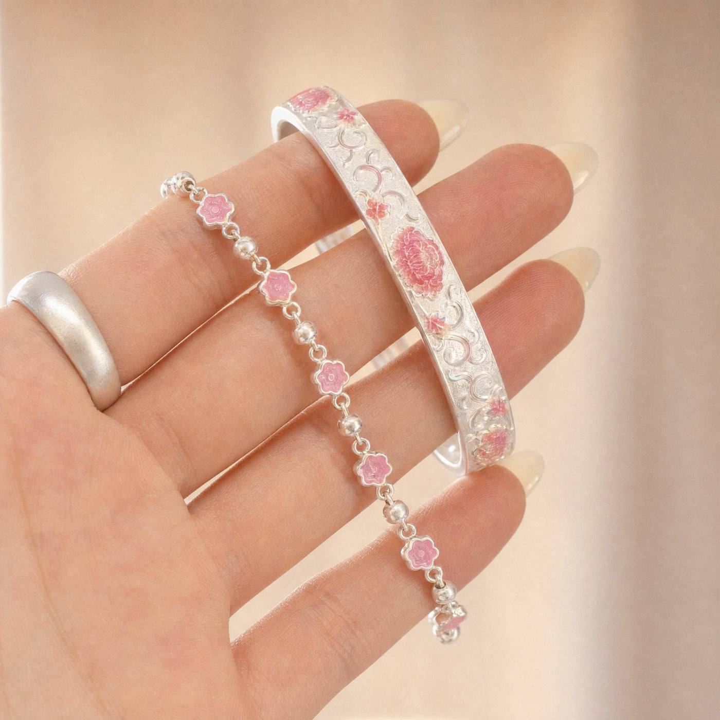 Pink Floral Enamel Bracelet Set – Silver-Tone Bangle and Flower Chain Bracelet